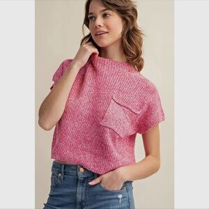 135 - Pink Knit Cropped Sweater Women's Top with Pocket